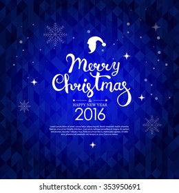 Vector illustration of Merry Christmas Typography hand Lettering Design Greeting Card on blue triangle background. Vector illustration Happy New Year Happy Holidays Template.