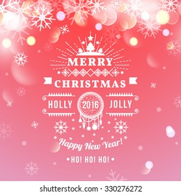 Vector illustration of Merry Christmas Vintage Retro Typography Lettering Design Greeting Card on Bokeh background.  Vector illustration Happy New Year Happy Holidays Template.