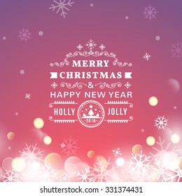 Vector illustration of Merry Christmas Vintage Retro Typography Lettering Design Greeting Card on Bokeh background.  Vector illustration Happy New Year Happy Holidays Template.