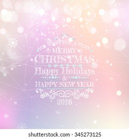Vector illustration of Merry Christmas Vintage Retro Typography Lettering Design Greeting Card on Bokeh background.  Vector illustration Happy New Year Happy Holidays Template.