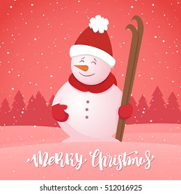 Vector illustration: Merry Christmas. Winter greeting card with snowman with ski on snowy forest background. 