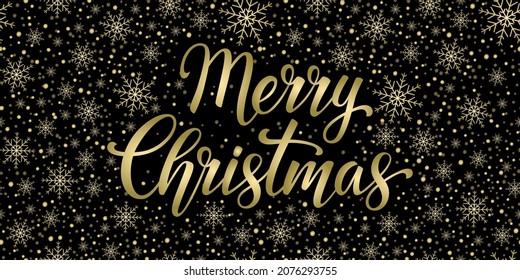 Vector illustration Merry Christmas  for your design. Calligraphy inscription with snowflakes on a black background. 