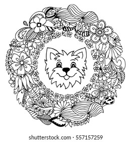 Vector illustration merry puppy in frame from flowers. Work Made by hand. Book Coloring anti-stress for adults and children. Black and white.