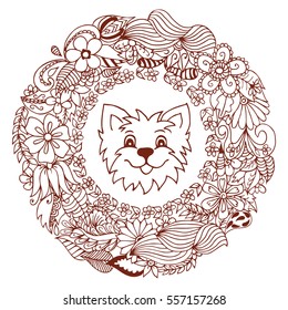 Vector illustration merry puppy in frame from flowers. Work Made by hand. Book Coloring anti-stress for adults and children. Brown and white.