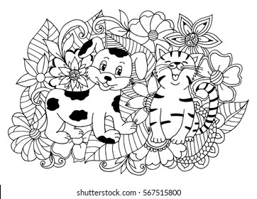 Vector illustration merry puppy and a kitten surrounded by flowers. Work made by hand. Book Coloring anti-stress for adults and children. Black and white.