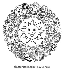 Vector illustration merry sun in frame from flowers. Work Made by hand. Book Coloring anti-stress for adults and children. Black and white.