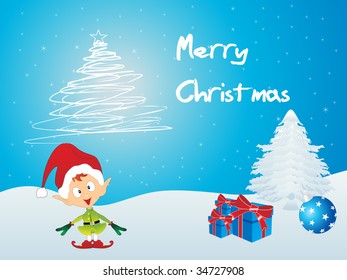 vector illustration merry xmas background with santa, tree, ball and gifts