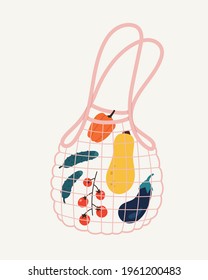 Vector illustration of mesh eco bag with vegetables inside, on a beige. Hand-drawn eco bag set with tomato, cucumber, eggplant, pumpkin, pepper. Shopper, ecological fabric package. Zero waste concept.