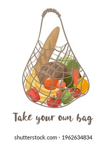 Ilustración vectorial de la bolsa ecológica de malla con verduras aisladas en fondo blanco. Bolsa de compras moderna con comida orgánica fresca del mercado local. El concepto de basura cero. Bolsa para una vida ecológica.