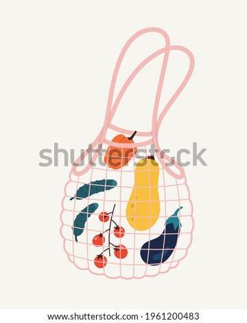 Vector illustration of mesh eco bag with vegetables inside, on a beige. Hand-drawn eco bag set with tomato, cucumber, eggplant, pumpkin, pepper. Shopper, ecological fabric package. Zero waste concept.