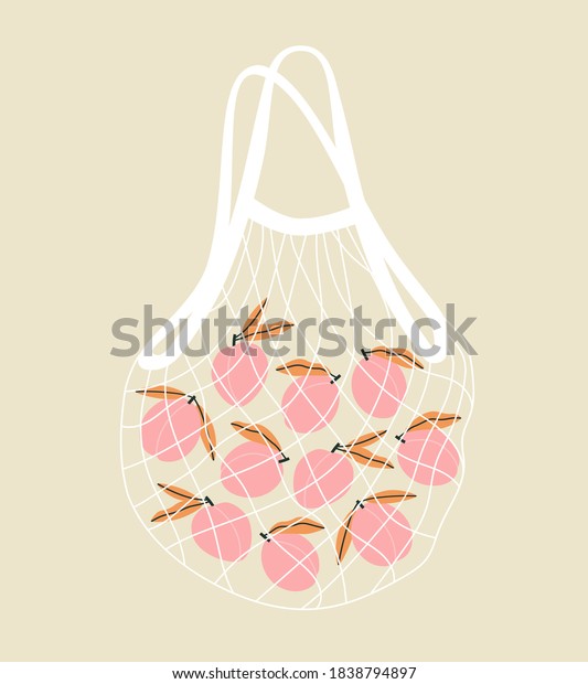 Vector illustration of mesh eco bag with peaches inside\
a beige background. Hand-drawn eco bag set with fruits. Say no to\
plastic bags. Shopper, ecological fabric package. Zero waste\
concept. 