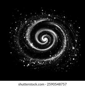 Vector illustration of a mesmerizing spiral galaxy, composed of white dots on a black background. The design radiates cosmic beauty and mystery, capturing the essence of the universe's swirling energy