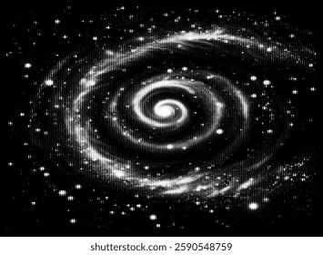 Vector illustration of a mesmerizing spiral galaxy, composed of white dots on a black background. The design radiates cosmic beauty and mystery, capturing the essence of the universe's swirling energy