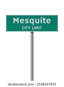 Ilustração vetorial do limite da cidade de Mesquite (Texas) verde entrando sinal de estrada em poste metálico