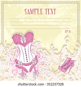 Vector illustration of message card with corset underwear. Design for notebook, diary, sticker, greeting card
