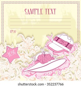 Vector illustration of message card with ladies hats. Design for notebook, diary, sticker, greeting card. 