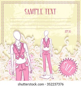 Vector illustration of message card with mannequin for sale. Design for notebook, diary, sticker, greeting card