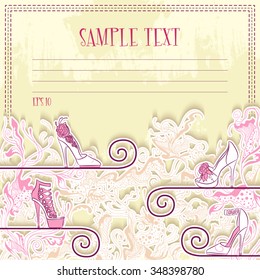 Vector illustration of Message card with shoe showcase. Design for notebook, diary, sticker, greeting card.