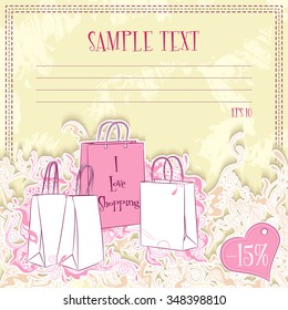 Vector illustration of message card with shopping bags. Design for notebook, diary, sticker, greeting card.