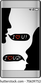 Vector illustration of message communication on the phone. Two people in love chatting. Silhouettes of two people talking of love