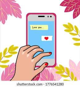 vector illustration message on the phone. In the picture, hand and smartphone with decorative leaves on a white background pink and yellow