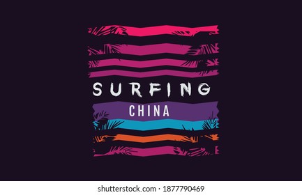 Vektorgrafik-Nachricht: Surfen in China. Vintage-Design. brüchiger Hintergrund. Typografie, T-Shirt-Grafiken, Druck, Poster, Banner, Slogan, Flyer, Postkarte