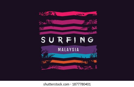 Mensaje de ilustración del vector: Surfing Malaysia. Diseño de época. Borde de fondo. Tipografía, gráficos de camisetas, impresión, afiche, pancarta, lema, volante, postal