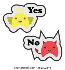 vector illustration / messenger stickers with cute monsters saying yes and no phrases as angel and devil characters