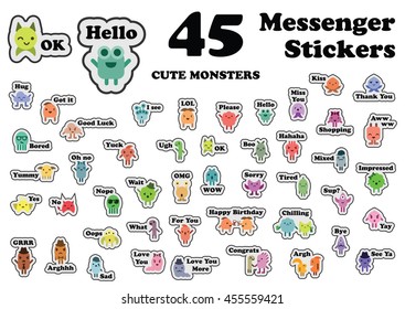 vector illustration / messenger stickers set with monsters and phrases in cartoon flat funny style