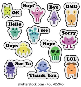 vector illustration / messenger stickers set with monsters and phrases in cartoon flat funny style