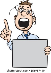 Vector illustration of messy businessman pointing finger with blank placard. Easy-edit layered vector EPS10 file scalable to any size without quality loss. High resolution raster JPG file is included.