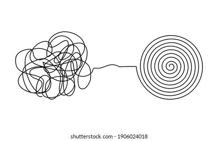 Vector illustration of messy complicated clew line transforming into orderly round element isolated on white background. Concept of solving problem, difficult situation, chaos and mess
