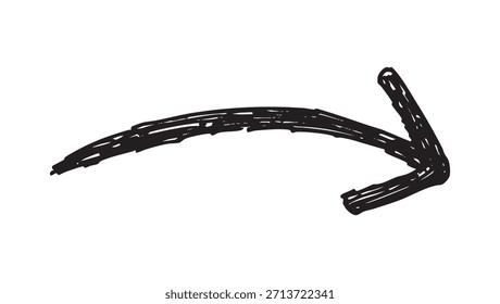 Ilustración vectorial de una desordenada flecha negra dibujada a mano que se curva a la derecha. Ideal para anotaciones, punteros direccionales y Elementos de diseño casuales.
