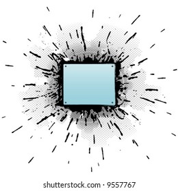 Vector illustration of a messy paint splatter explosion with a modern halftone in the background and a screw-bolted banner in the middle. Design element.