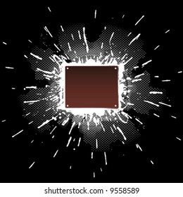 Vector illustration of a messy paint splatter explosion with a modern halftone in the background and a screw-bolted metal plate in the middle. Design element.