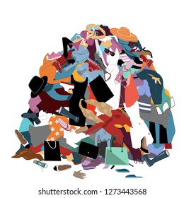 Vector Illustration with a Messy Pile of Dirty Laundry. Big pile of useless clothes. Nothing to wear concept, home stuff and rubbish