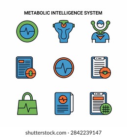 Vector illustration of a metabolic intelligence system with health monitoring icons including heart rate watch fitness tracker and blood glucose meter