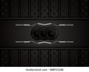 Vector illustration of metal background with curl bar and barbells for gym brochures.