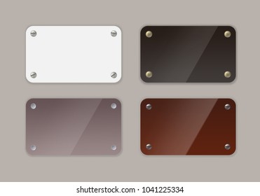 Vector illustration of metal blank plate in black, white and brown colors with screws and rivets or nails on gray background