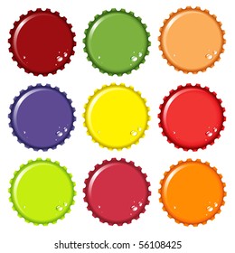 A vector illustration of metal bottle tops in various colours, with condensation water drops. Space for your text