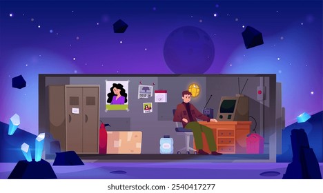 Ilustración vectorial de un búnker de metal en la superficie de un planeta espacial. Interfaz de juego con cristales. Sala de refugio con un carácter, mesa, armario y suministro de agua. Estilo de dibujos animados.