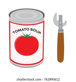 Vector illustration metal can with tomato soup and can opener isolated on white background
