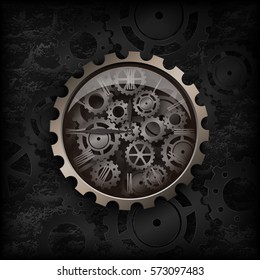 Vector illustration. Metal clock gear mechanism in the background of the texture black brick wall with dark gears. Steampunk backdrop