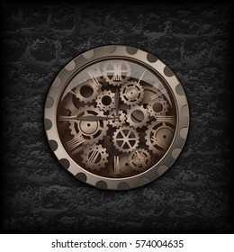 Vector illustration. Metal clock gear mechanism in the background of the texture black brick wall with dark gears. Steampunk backdrop