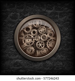 Vector illustration. Metal clock gear mechanism in the background of the texture black brick wall with dark gears. Steampunk backdrop