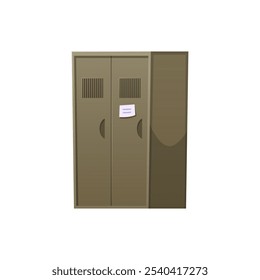 Ilustração vetorial de um armário metálico fechado com duas portas em um fundo isolado. Um lugar para armazenar coisas. Ideal como mobiliário interior em um bunker. Estilo de desenho animado.