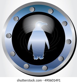 Vector illustration of a metal emblem with the silhouette of a penguin.