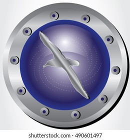 Vector illustration of a metal emblem with the silhouette of a seagull.