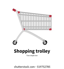 Vector illustration of a metal empty shopping trolley on wheels. Picture, drawing isolated on white background. Side view, profile. Icon, sign shopping cart.