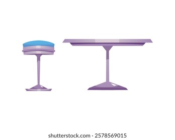 Vector illustration of metal empty table and round bar stool with soft seat. Interior furniture for cafe and restaurant. Flat cartoon style. Isolated background.